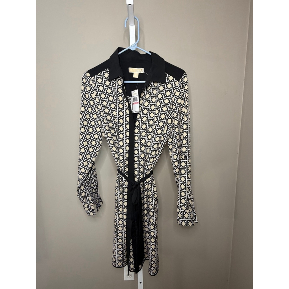 Women's Michael Kors Black & Beige Geometric Long Sleeve Dress Size 10